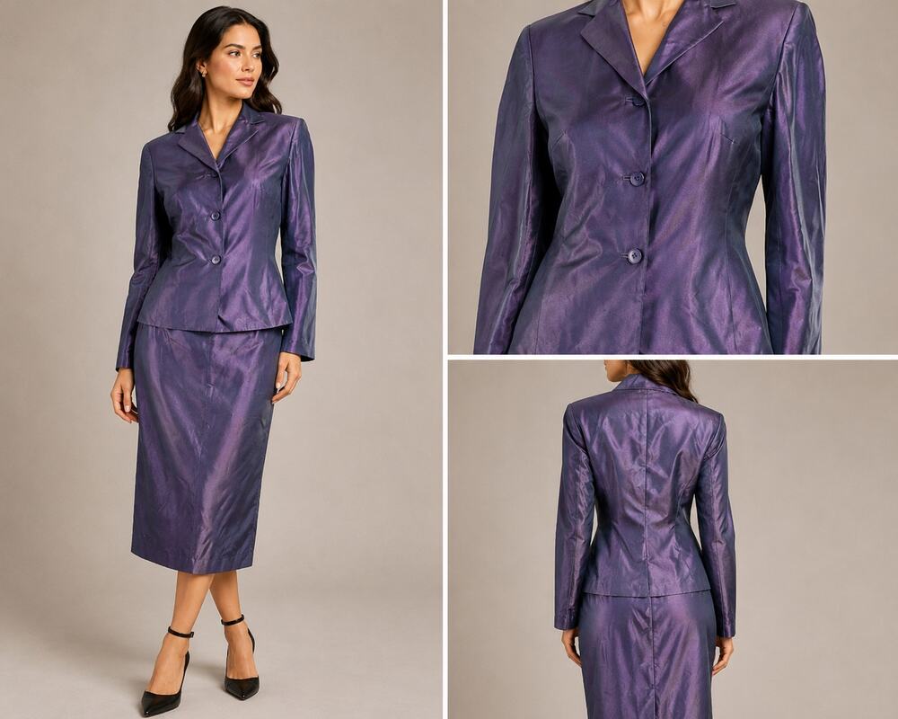 Ann Taylor 100% Silk Skirt Suit Purple Iridescent Jacket 6 Skirt 4 Career Formal